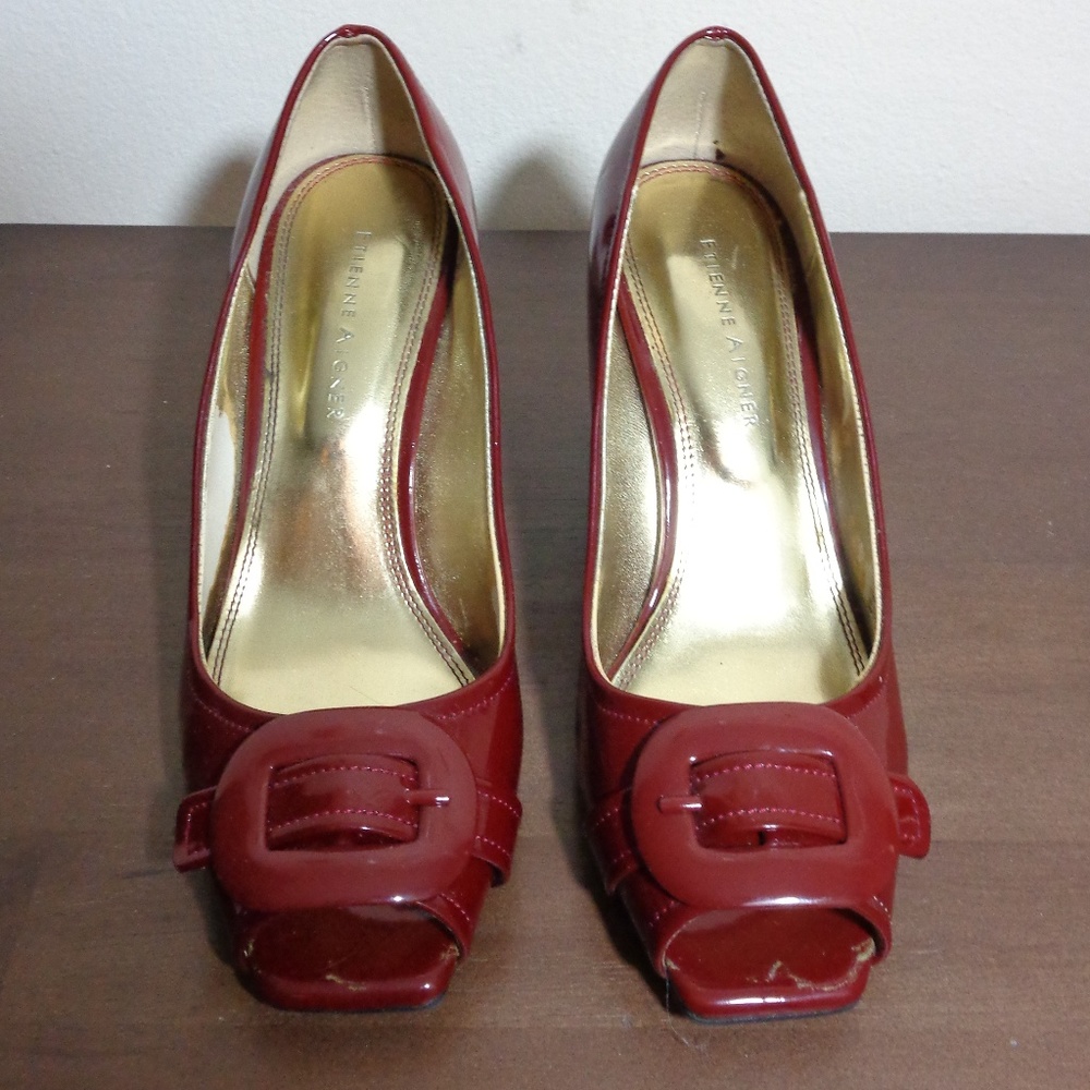 Etienne Aigner Ruby Red Peep Toe Heels Size 7m - image 3